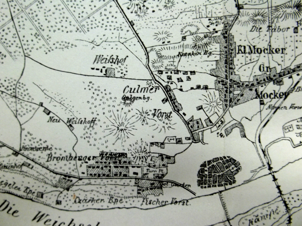 Planie Torunia z 1877 roku, którego autorem jest Adolph Hermann. Na północ od Starego Miasta Napis. Culmer Vorstadt (Chełmińskie Przedmieście). Zaznaczone wzgórze i napis Galgenberg (wiesiołki). Napis Galgenberg na planie jest zrobiony odręcznie.