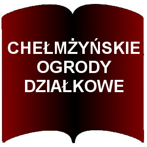 Czerwony kształt otwartej książki. Napis:  Chełmżyńskie ogrody działkowe