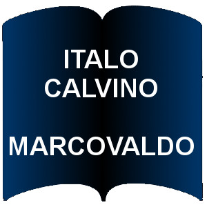 Niebieski kształt otwartej książki. Napis: Italo Calvino - Marcovaldo
