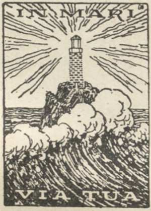 Rycina przedstawiająca znak graficzny Wydawnictwa Instytutu Bałtyckiego. Widać latarnię morską wśród spienionych fal, z biblijną dewizą "In mari via tua".