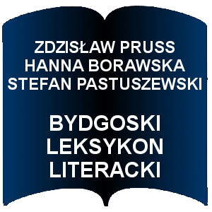Niebieski kształt otwartej książki. Napis: Zdzisław Pruss, Hanna Borawska, Stefan Pastuszewski Bydgoski Leksykon Literacki