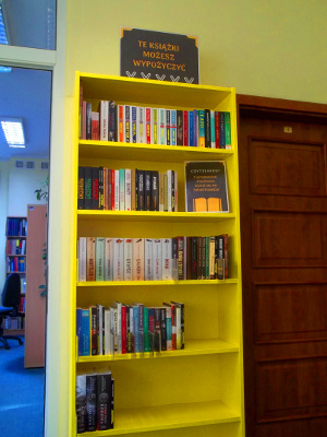 Zdjęcie. Widać zółty regał. Na nim pięć rzędów książek. U góry napis: Te książki możesz wypożyczyć.