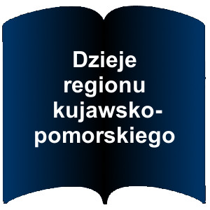 Niebieski kształt otwartej książki. Napis: Dzieje regionu kujawsko-pomorskiego