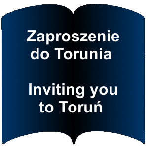 Niebieski kształt otwartej książki. Napis: Zaproszenie do Torunia. Inviting you to Toruń