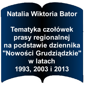 Niebieski kształt otwartej książki. Napis: Natalia Wiktoria Bator - Tematyka czołówek prasy regionalnej na podstawie dziennika "Nowości Grudziądzkie" w latach 1993, 2003 i 2013