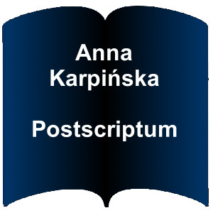 Niebieski kształt otwartej książki. Napis: Anna Karpińska Postscriptum