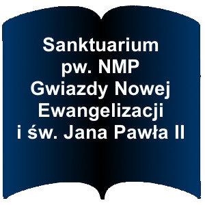 Niebieski kształt otwartej książki. Napis: Sanktuarium pw. NMP Gwiazdy Nowej Ewangelizacji i św. Jana Pawła II
