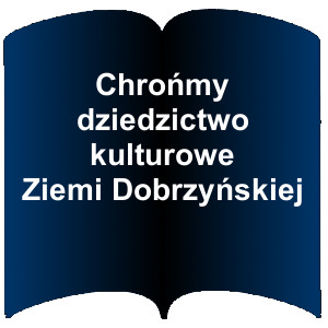 Niebieski kształt otwartej książki. Napis: Chrońmy dziedzictwo kulturowe Ziemi Dobrzyńskiej