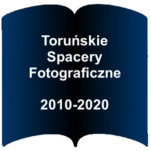 Niebieski kształt otwartej książki. Napis: Toruńskie Spacery Fotograficzne 2010-2020
