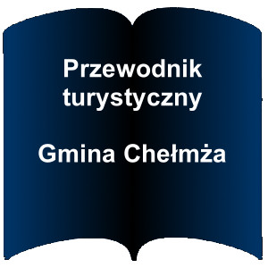 Niebieski kształt otwartej książki. Napis:  Przewodnik turystyczny : Gmina Chełmża 
