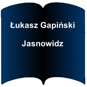Niebieski kształt otwartej książki. Napis: Łukasz Gapiński  Jasnowidz